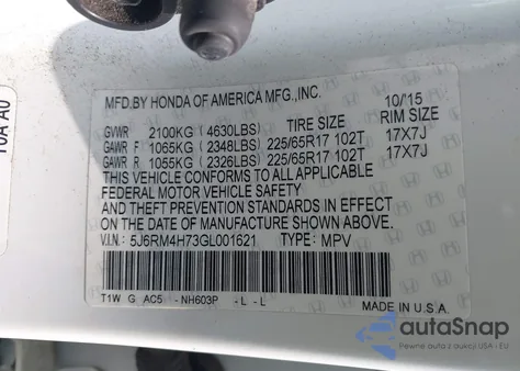 2016 Honda Cr-V Ex-L from USA, damaged, VIN 5J6RM4H73GL001621